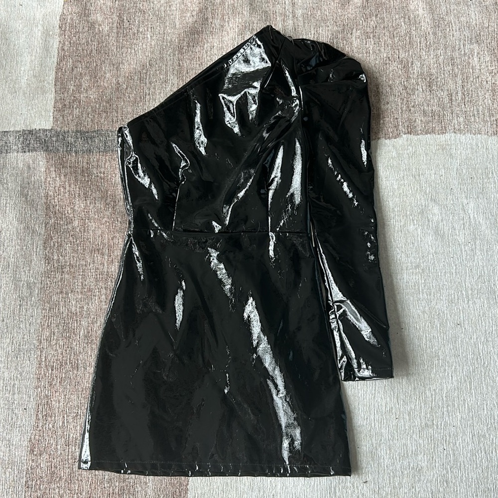 Badass Steele brand faux patent leather one-shoulder mini dress